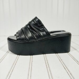 Marc Fisher Herald Black Leather Slip On Platform Wedge Sandals i815